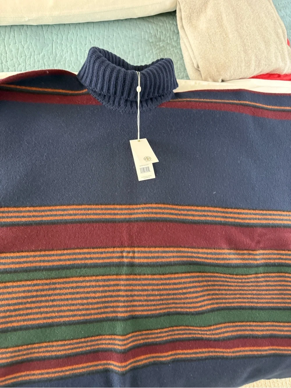 Tory Burch Navy Turtleneck Sweater with Burgundy, Green & Rust Stripes